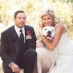 berry-hued wedding - bride groom and dog