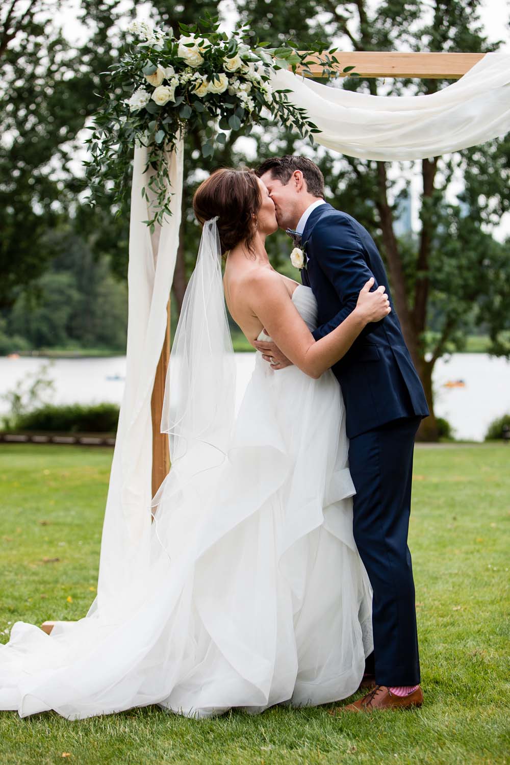 A-Modern-Lakeside-Wedding-In-Burnaby-British-Columbia-Bride and Groom Kiss